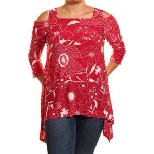 Red/white Cold Shoulder Asymmetrical floral tunic